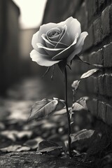 Solitary rose blooms near weathered brick wall