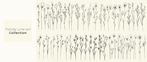 Feminine wild flax flowers, hand-drawn botanical floral branch, trendy greenery for eco-conscious branding, boho-themed decor, and modern wedding stationery, minimalist line art.