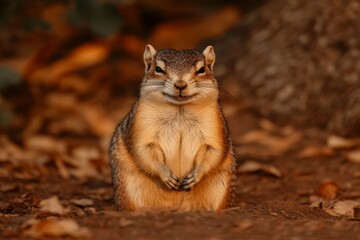 Squirrel stands with a joyful expression in a forest setting during golden hour