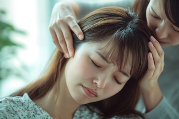 Naklejka premium A Japanese woman is lying down and holding her head in pain, while the mother touches it with one hand on the top of her shoulder to comfort her. The background color is white or light blue