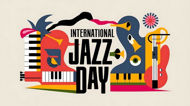 Dynamic and Colorful Abstract Vector Illustration for 'International Jazz Day' Featuring Musical Instruments and Bold Typography