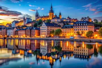 Obraz premium Sodermalm Stockholm Night: Illuminated Streets & Colorful Buildings