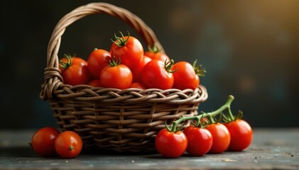 Rustic basket overflowing with ripe red tomatoes , red, delicious, antioxidant
