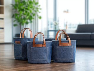 Fototapeta premium A set of storage baskets made from repurposed denim, with visible seams and pockets, and leather handles. The minimalist home interior enhances the functional, eco-friendly design. 