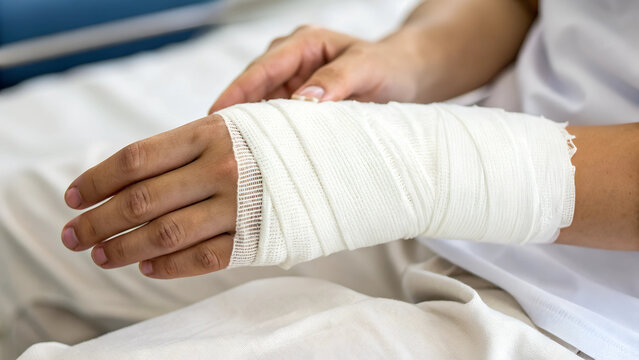 White bandaged hand resting on a patient's lap in a hospital setting