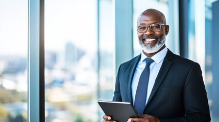 Fototapeta premium Confident businessman holding a tablet, smiling in a modern office with a city view