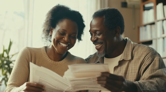 Mature smiling couple sitting and managing expenses at home. Happy mid black man and woman paying bills and managing budget. Middle aged african american couple checking accountancy and bills. - Powered by Adobe