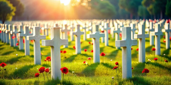 Somber Veterans Day Remembrance: White Crosses & Red Poppies in Military Cemetery with Bokeh Effect