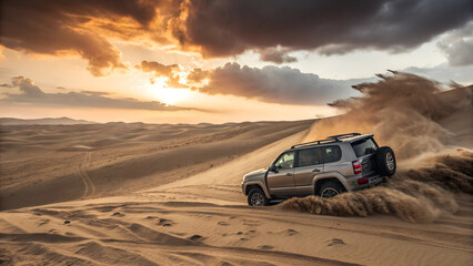 All-terrain SUV driving through golden desert sand at sunset, dramatic skies