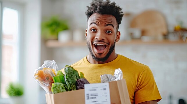 A man holding a grocery shopping bag with groceries, looking at a long receipt from a card. This is the winner of the Boom! stock photo contest, a high-resolution photo with high detail. - Powered by Adobe