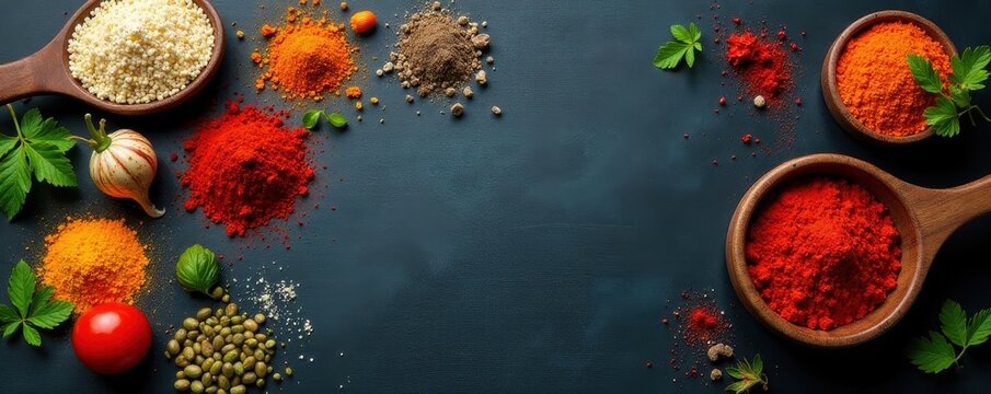 Variety of whole & ground spices on dark chalkboard , cooking, cumin