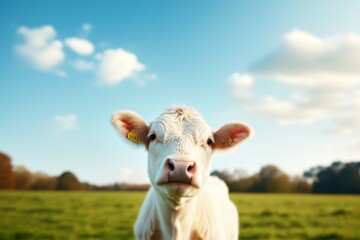 Fototapeta premium Curious calf standing in bright green pasture under clear sky during sunny afternoon