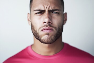Serious expression of a young man with a well-groomed beard in a simple background