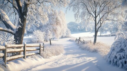 Naklejka premium winter rural scene with snow and frozen trees