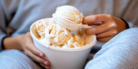 Person Holding Cup of Vanilla Ice Cream