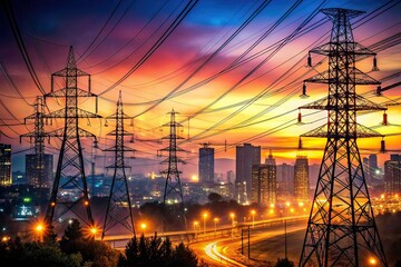 Overhead Power Lines Night, Power Supply, Low Light Photography, Electricity, Urban Landscape