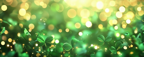 Obraz premium A vibrant, green background featuring leaves and soft bokeh lights, creating a serene and fresh atmosphere.