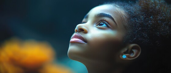 Girl looking up, aquarium background, hope, inspiration