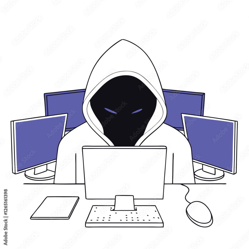 Poster a mysterious hacker in a hoodie is focused on multiple computer screens, representing a high-tech di