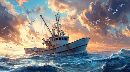 Fototapeta premium Fishing boat at sea, dramatic sunset, seagulls, ocean waves