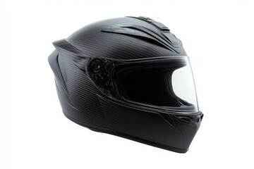 Fototapeta premium Black motorcycle helmet on solid white background. AI image