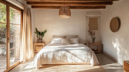 Serene bedroom showcases natural light and rustic design elements