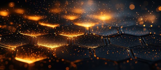 Glowing hexagonal grid, dark background.