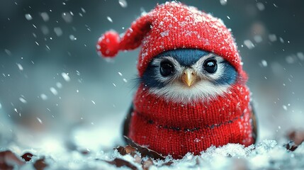 Cute bird in red knit hat and scarf in snowy forest