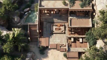 Aerial view of a modern desert retreat with natural surroundings, featuring a pool and outdoor seating