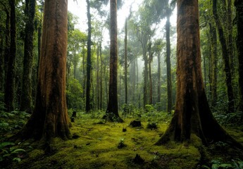 Obraz premium Sunlight Dappled Lush Green Forest with Mossy Floor