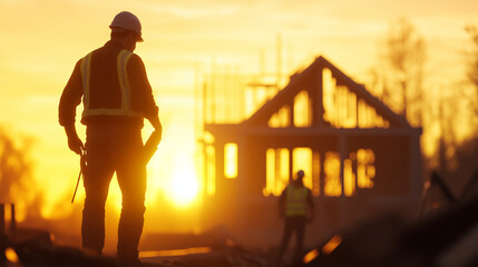 Fototapeta premium Architect at Residential Construction Site during Sunset