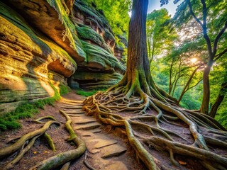 Fototapeta premium Starved Rock Illinois: Tree Roots Clinging to Rock Face on Wooded Path