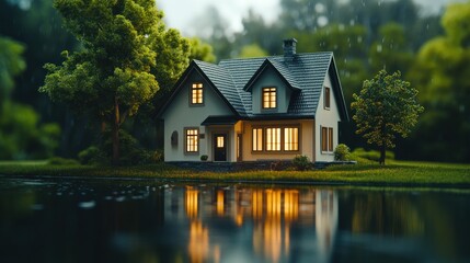 Fototapeta premium Idyllic Home Reflection on Rainy Day: Cozy Ambiance and Natural Beauty