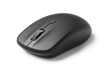 Black computer mouse with scroll wheel on white background. AI image