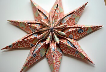 Fototapeta premium From colorful paper artfully folded origami figure against a white background 