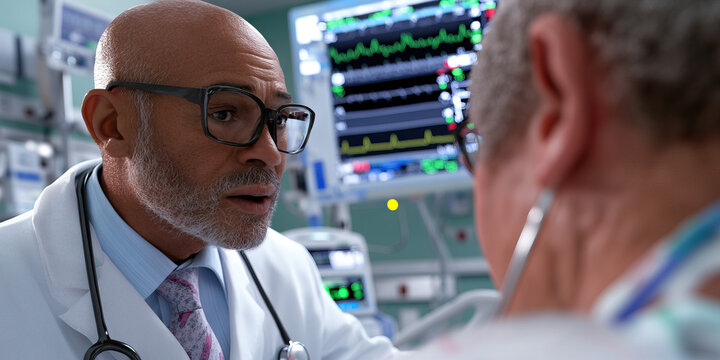 Male Doctor and Patient in Hospital Room with Medical Equipment