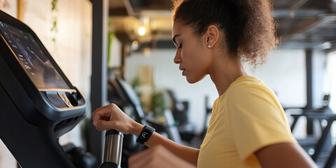 Woman Using Cardio Machine with Digital Display in Gym