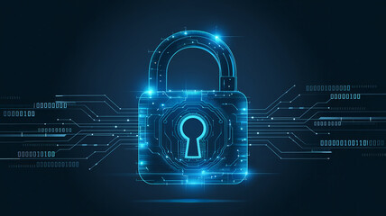 A futuristic glowing digital lock icon with circuit lines and binary code background, symbolizing digital security, encryption, and data protection in a modern cyber environment.