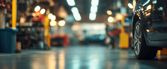 Close-up of a car's wheel in a vehicle workshop with blurred background, showcasing an automotive service environment, symbolizing car maintenance and repair