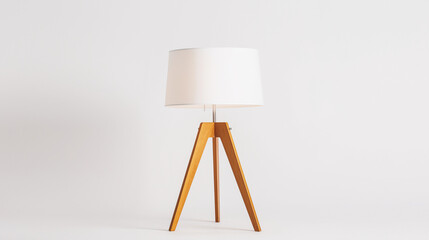 A wooden lamp with a white shade sits on a white background