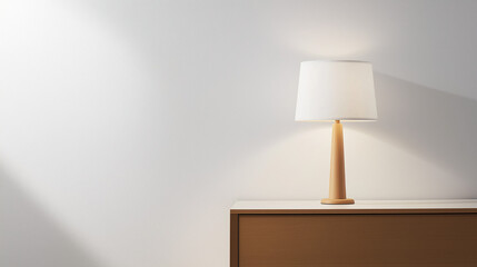 A lamp sits on a wooden table in a room with a white wall