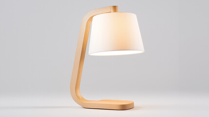 A wooden lamp with a white shade sits on a white background