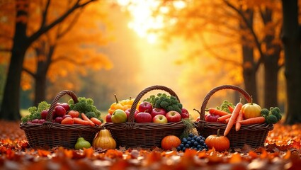 Autumn harvest with baskets of fruits and vegetables in a golden landscape
