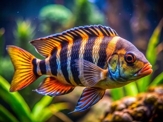 Fototapeta premium Stunning Convict Cichlid Fish, Amatitlania nigrofasciata, Underwater Portrait with High Depth of Field