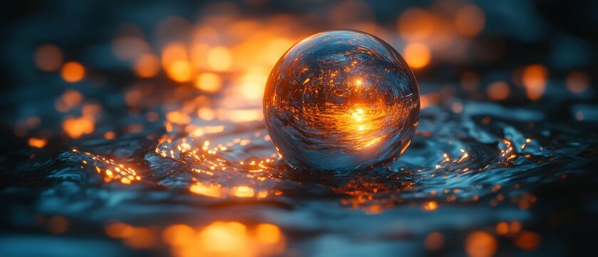 Crystal sphere reflects fiery sunset, liquid ripples.