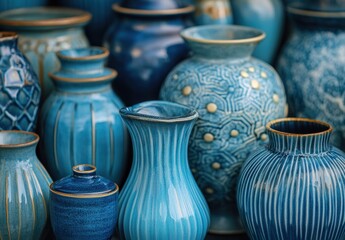 A collection of blue vases with different designs and patterns