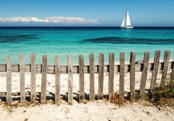 Fototapeta premium A wooden fence is on the beach next to the ocean