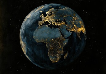Obraz premium A painting of the Earth at night with the continents of Africa and Europe lit up