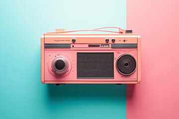 Fototapeta premium A retro pink boombox on a colorful background, minimalist in style, captured in a flat lay photography setup, suitable for use as a stock photo.