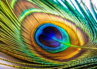 Obraz premium Stunning Macro Photograph of a Peacock Feather, Vivid Colors, Detailed Texture, Nature Close-up